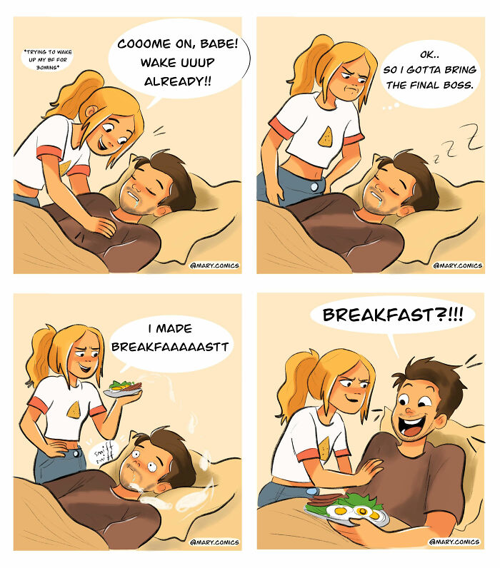 Relatable comics showing everyday life and relationships with a couple wake-up and breakfast interaction.