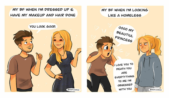 Comic panels showing relatable moments in relationships and young adulthood with a boyfriend's different reactions to appearance.