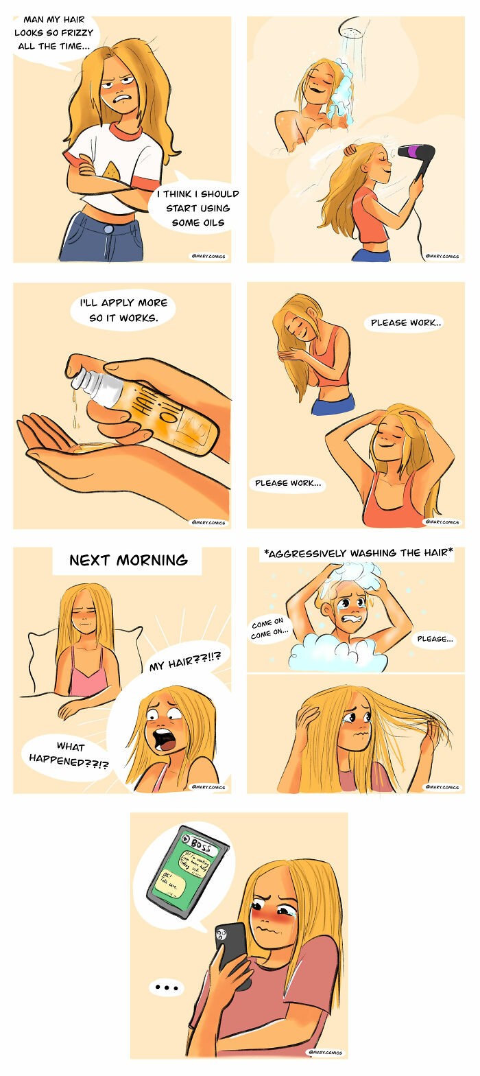Relatable comic about everyday life and young adulthood showing a girl struggling with frizzy hair and hair care routines.