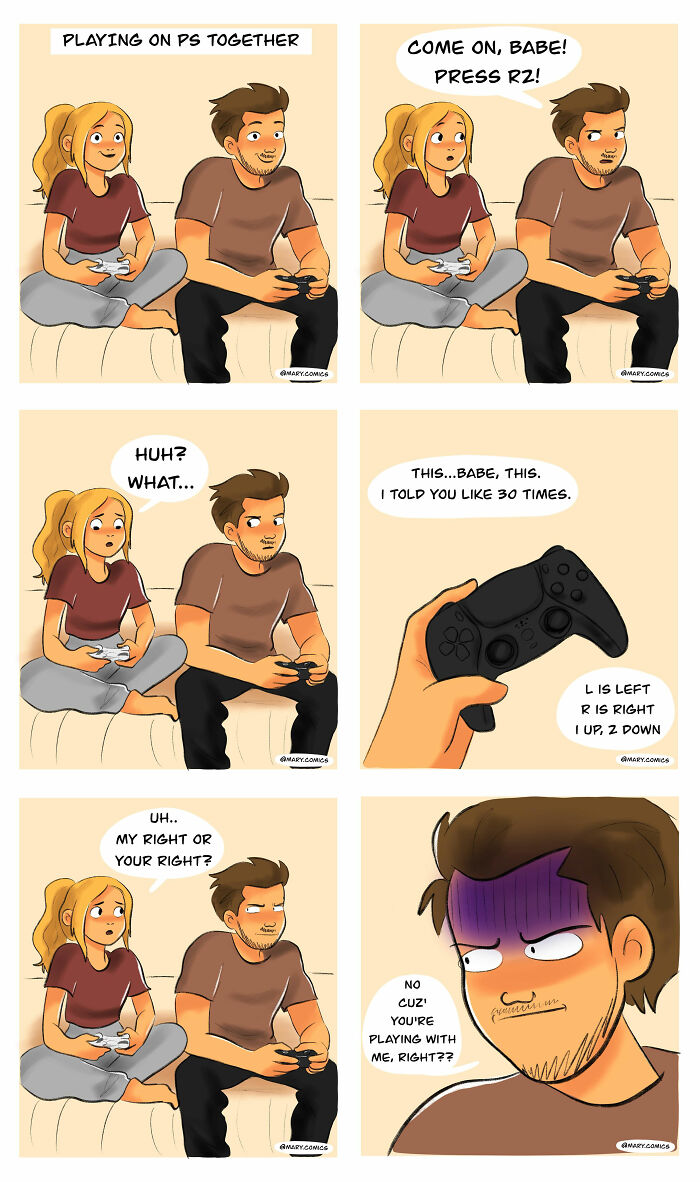Couple playing video games together in a relatable comic about everyday life and young adulthood humor.