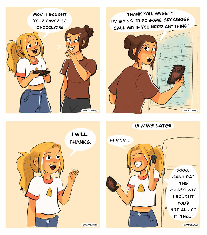 Relatable comic panels showing everyday life and young adulthood with a daughter and mom sharing chocolate and groceries.