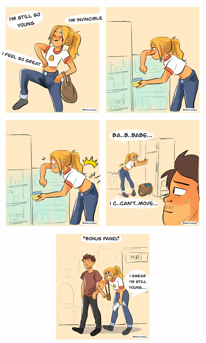 Relatable comic about everyday life showing a young woman struggling with back pain and asking for help.