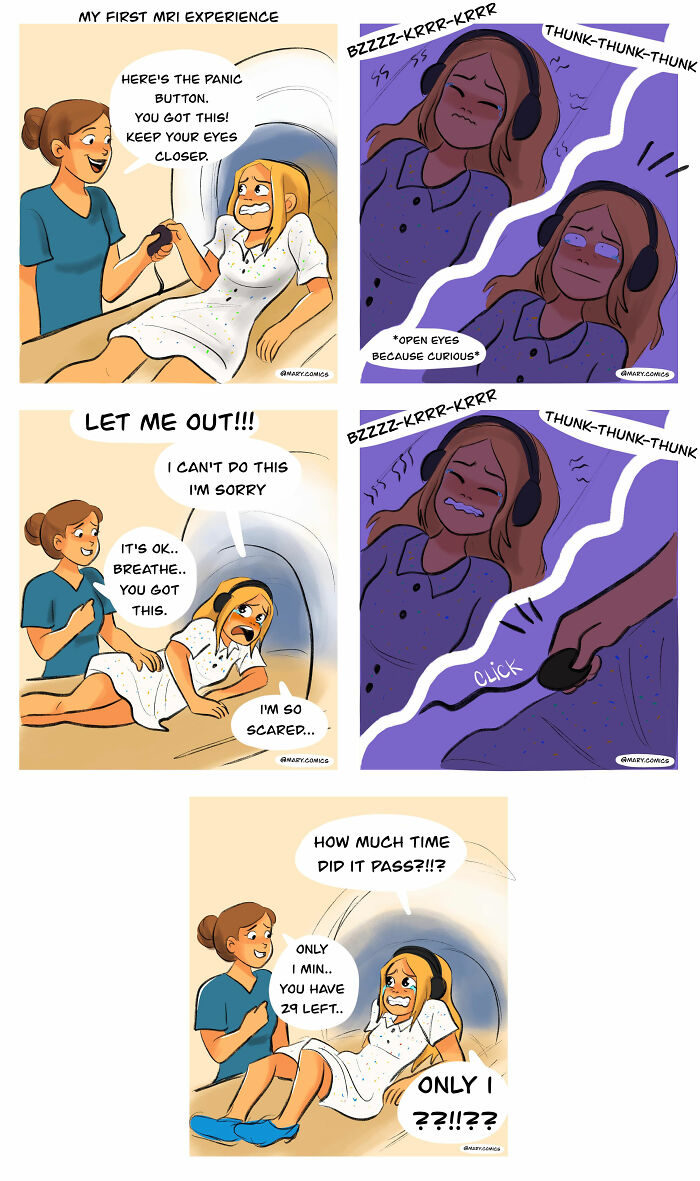 Relatable comic strip depicting anxiety and fear during an MRI experience in everyday life and young adulthood.