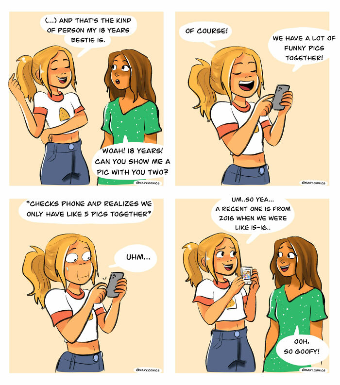 Comic strip about relatable everyday life and young adulthood, featuring two friends sharing funny pictures on a phone.