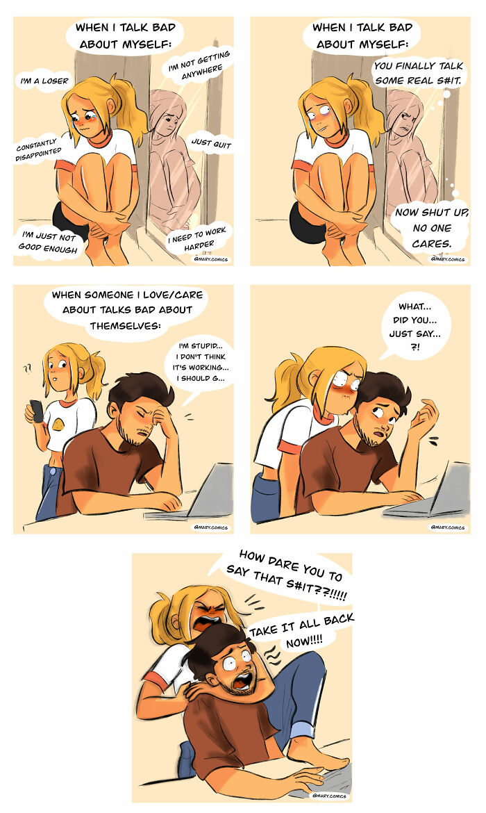 Comic panels showing relatable moments about self-talk and defending loved ones, illustrating everyday life and relationships emotions.