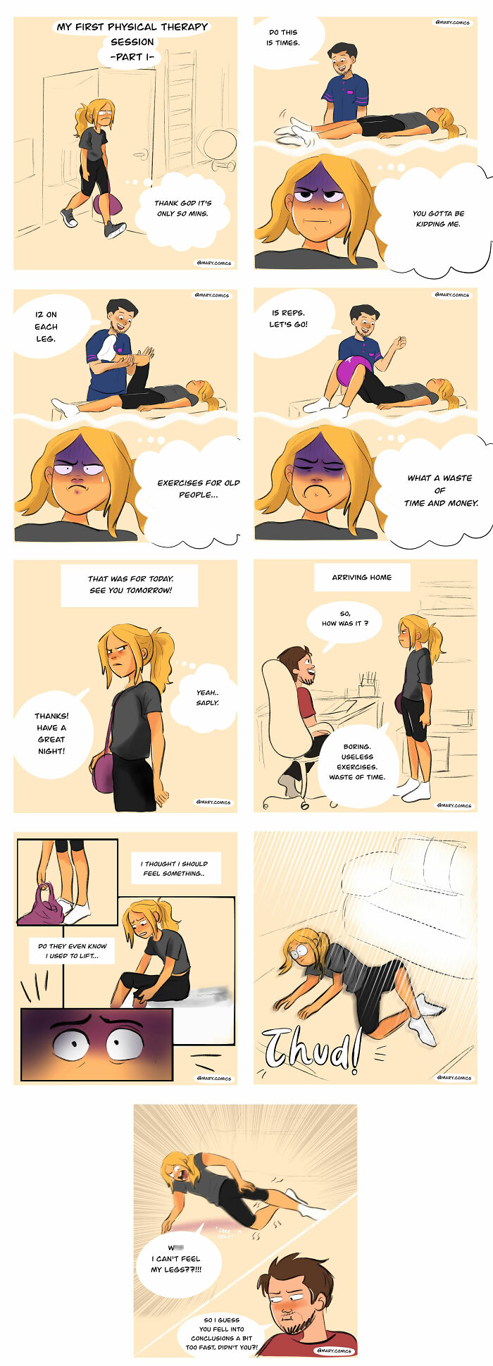 Comic about relatable everyday life with physical therapy, showing frustration and humor in young adulthood experiences.