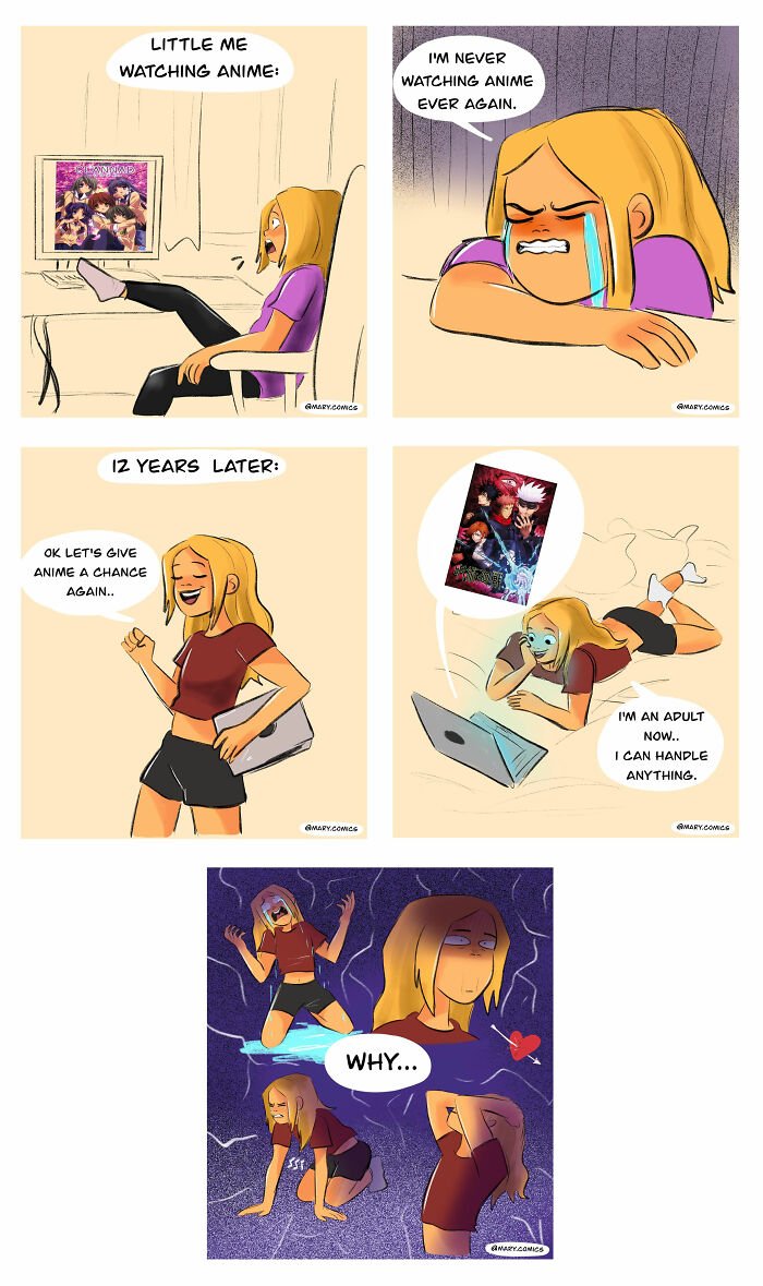 Relatable comics showing a young woman’s changing relationship with anime through everyday life and young adulthood.