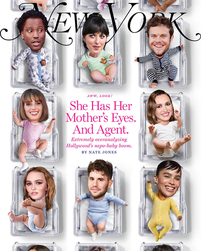 Collage of adults' faces on baby bodies in Halloween costumes inspired by viral moments in a humorous magazine cover style.