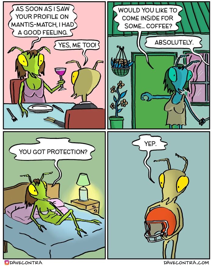 Insect couple on a date with dark and twisted humor, featuring protection joke in a comic style by Dave Contra.
