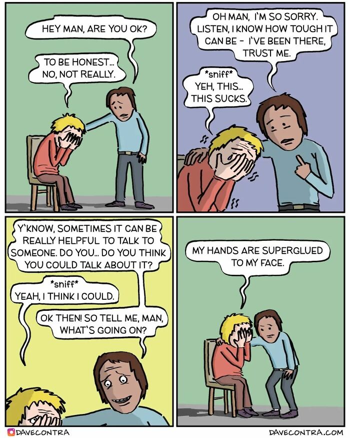 Two characters in a comic discussing emotions, featuring dark and twisted comics themes by Dave Contra.