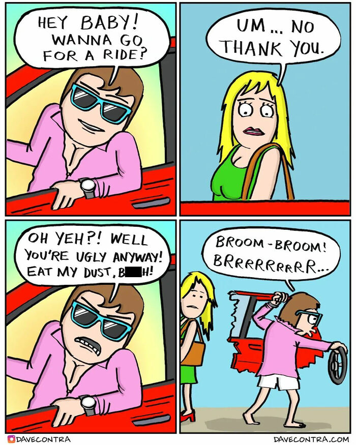 Dark and twisted comic by Dave Contra showing a man in sunglasses angrily confronting a woman refusing his offer.