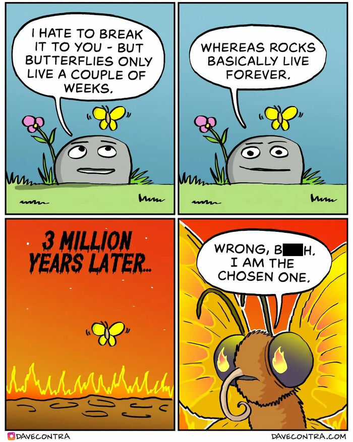Dark and twisted comic by Dave Contra featuring a rock and butterfly debating life span and destiny in four panels.