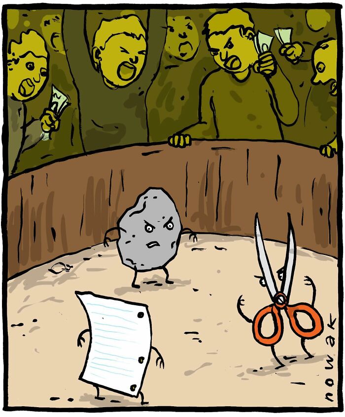 Humorous one-panel comic showing a rock, paper, and scissors in a fight ring with cheering spectators.