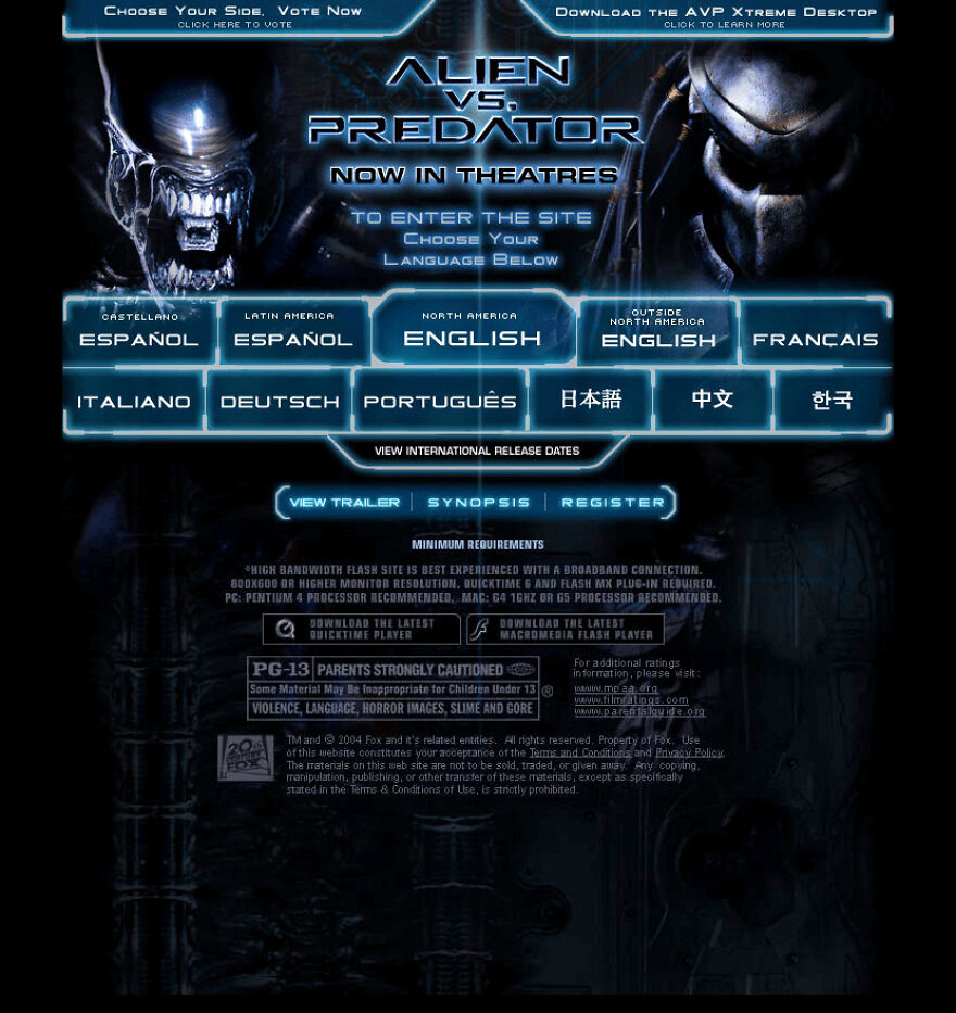 Alien vs Predator movie promotional site with language options and download links, evoking nostalgic images from early 2000s.