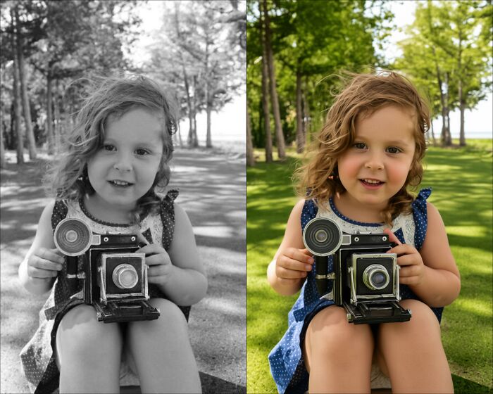 Young girl holding vintage camera shown in original black and white and colorized by colorization artist restoration.