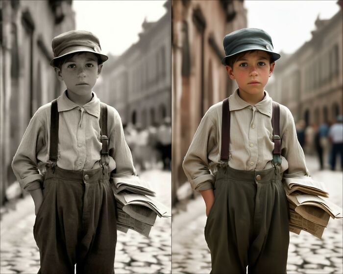 Vintage black-and-white photo of a boy holding newspapers, restored with color by a colorization artist.