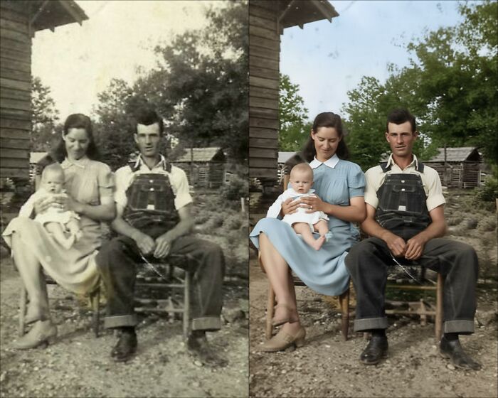 Before and after images showing colorization artist restoring color on vintage black-and-white photographs of a family.