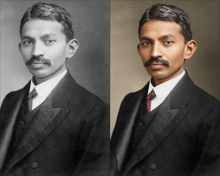 Side-by-side comparison of a vintage black-and-white photograph and its colorized restoration by a colorization artist.