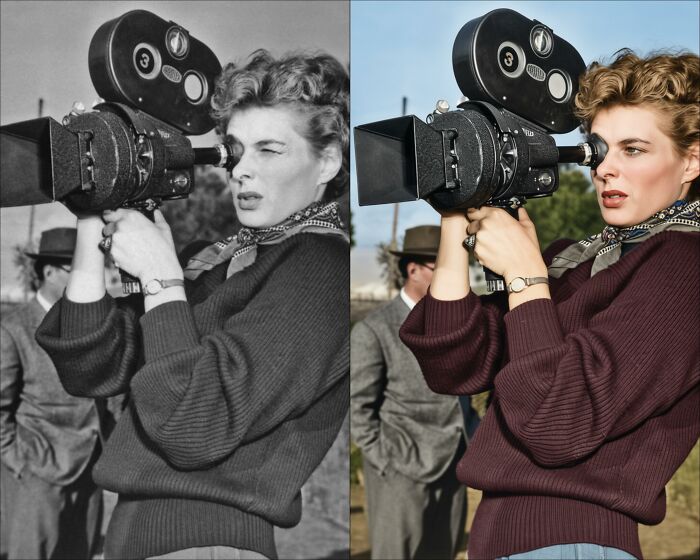 Side-by-side comparison of a vintage black-and-white photograph and its colorized version by a colorization artist restoring color.