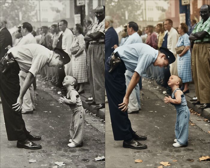 Vintage black-and-white photograph restored with vibrant color by a colorization artist, showing a police officer and a child.