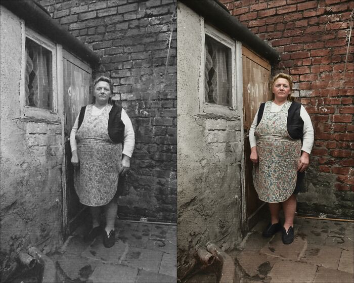 Side-by-side comparison of vintage black-and-white photograph restored with color by a colorization artist.
