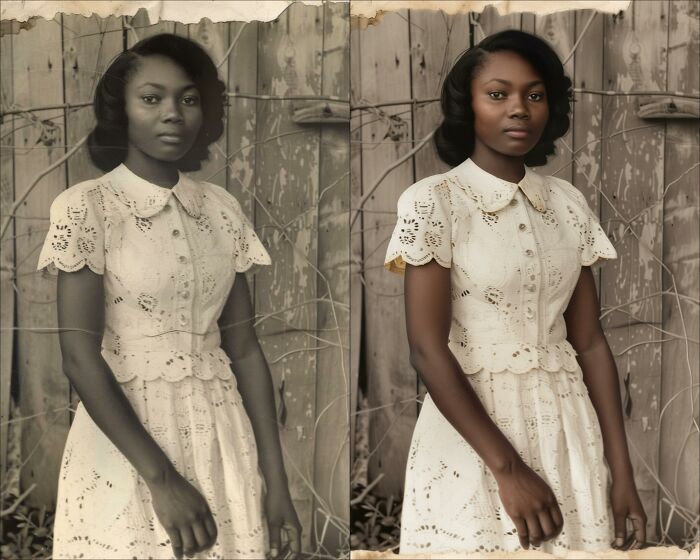 Side-by-side comparison of a vintage black-and-white photograph and its colorized version by a colorization artist.