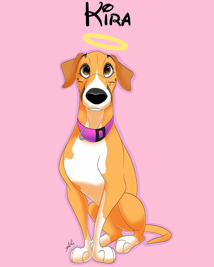 Disney-style adorable pet portrait of a brown and white dog with a pink collar and halo on a pink background.