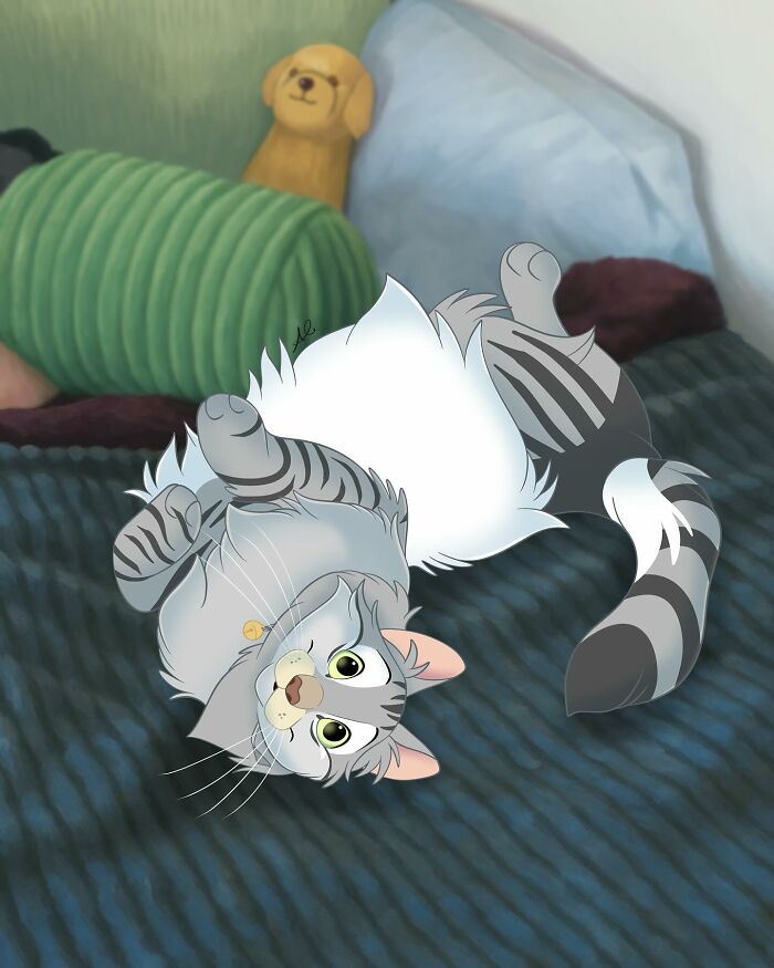 Disney-style pet portrait of a gray and white cat lying on a bed with bright expressive eyes and detailed fur.