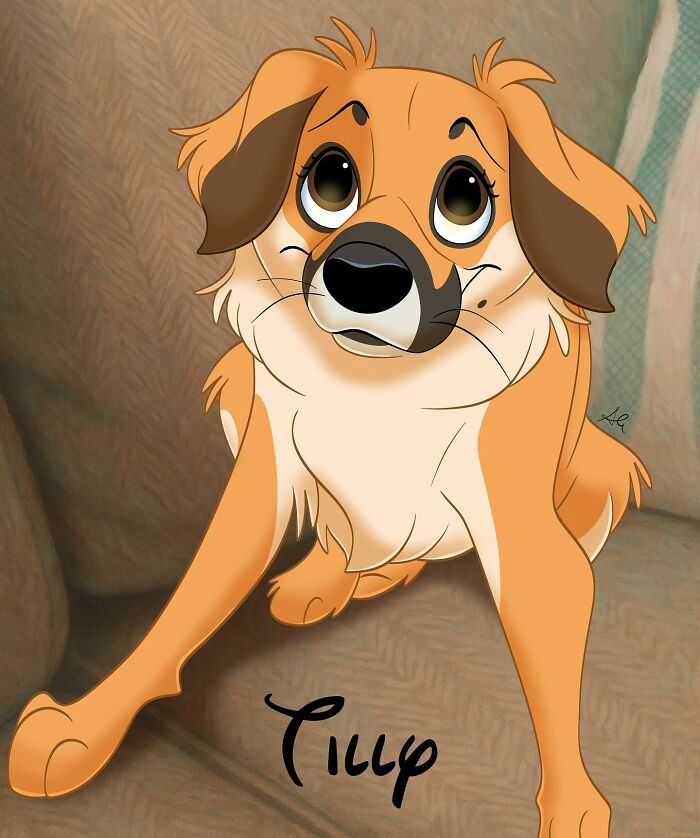 Disney-style pet portrait of a cute dog with big eyes and expressive features in an adorable animated style.