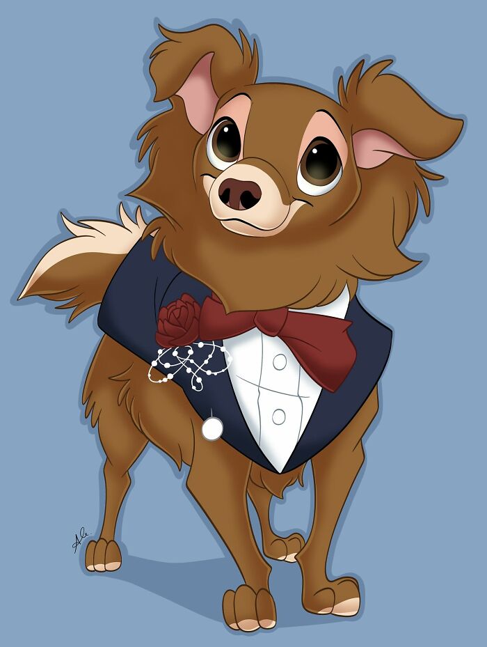 Disney-style pet portrait of a small brown dog dressed in a tuxedo with a red bow tie and floral boutonniere.