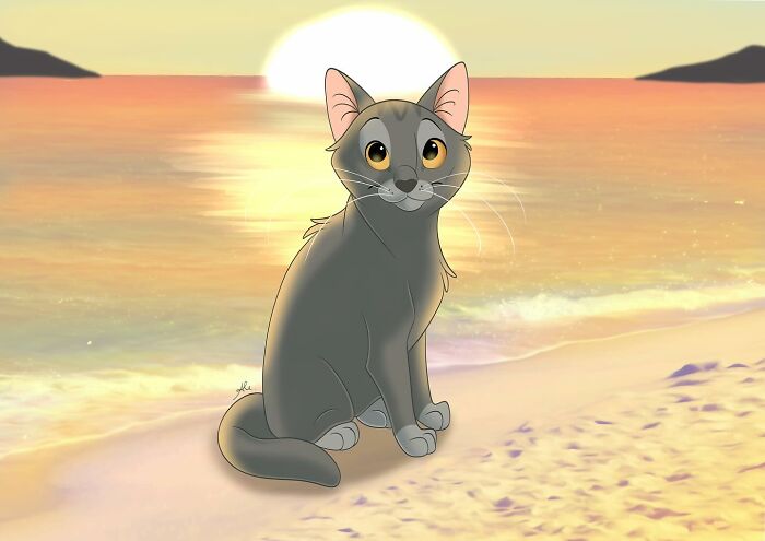 Disney-style pet portrait of a gray cat sitting on a beach with a sunset over the ocean in the background