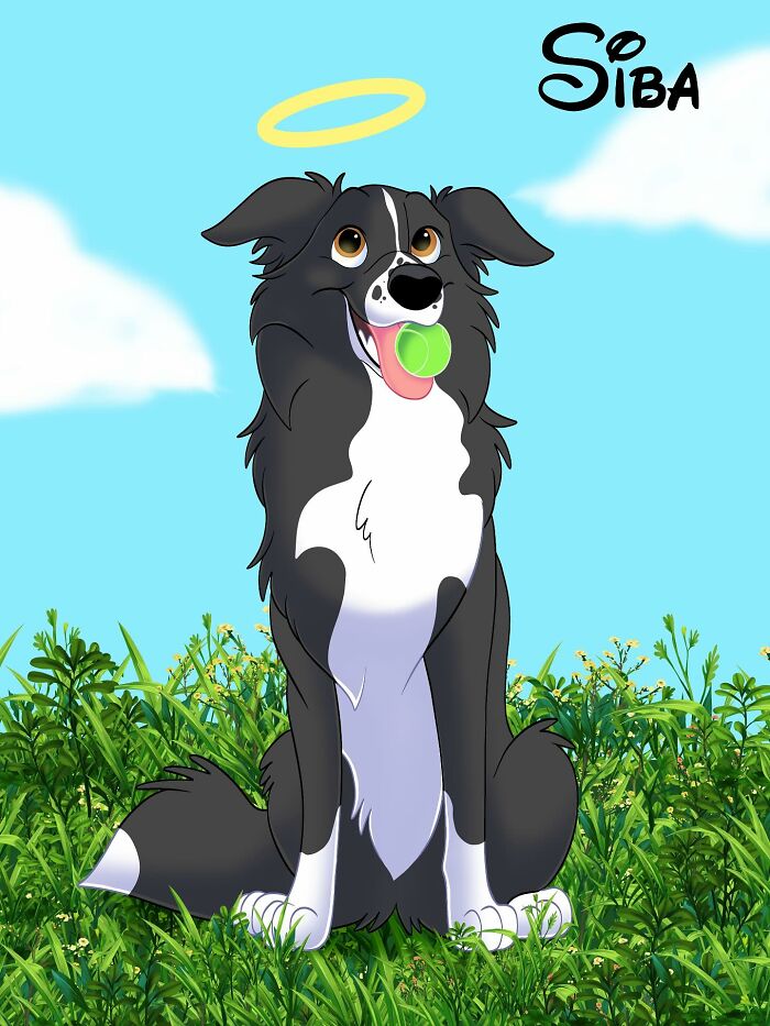 Disney-style pet portrait of a happy black and white dog sitting in the grass with a tennis ball in its mouth.