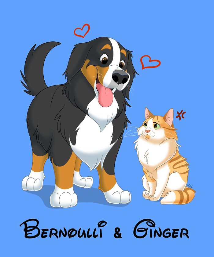 Disney-style pet portrait of a happy dog and an annoyed cat, capturing adorable and heartwarming expressions.