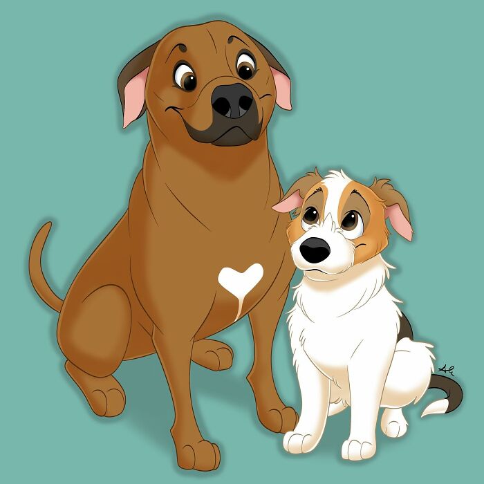 Digital Disney-style pet portrait of two adorable dogs sitting side by side, showcasing cute expressions and warm colors.