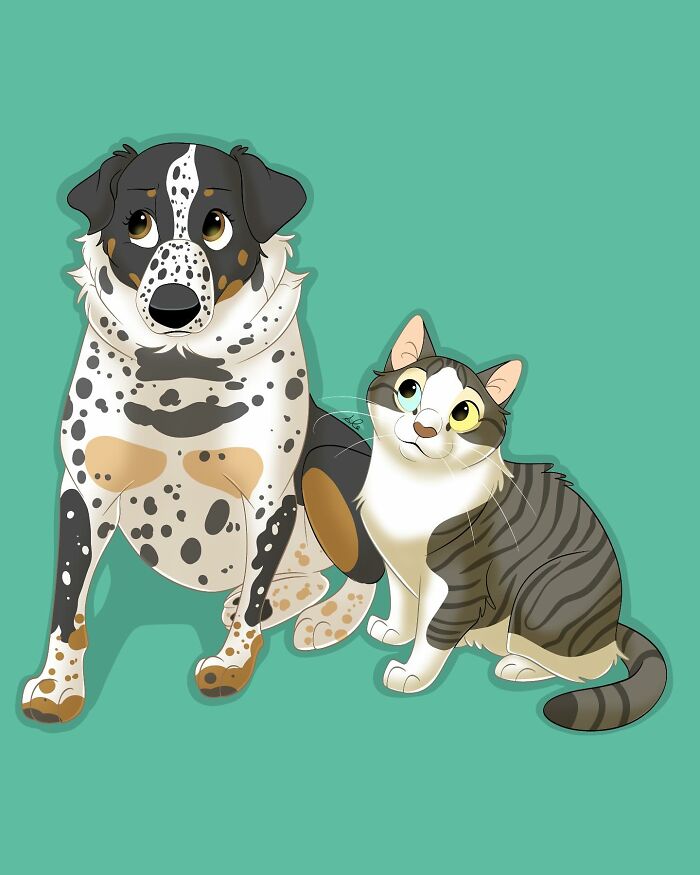 Illustration of a dog and a cat in adorable Disney-style pet portraits with expressive eyes on a teal background