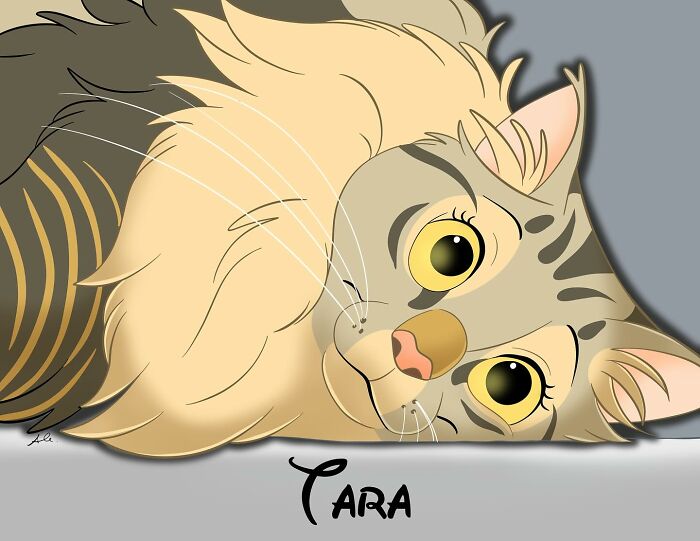 Disney-style digital pet portrait of a tabby cat named Tara with large expressive eyes and soft fur details.