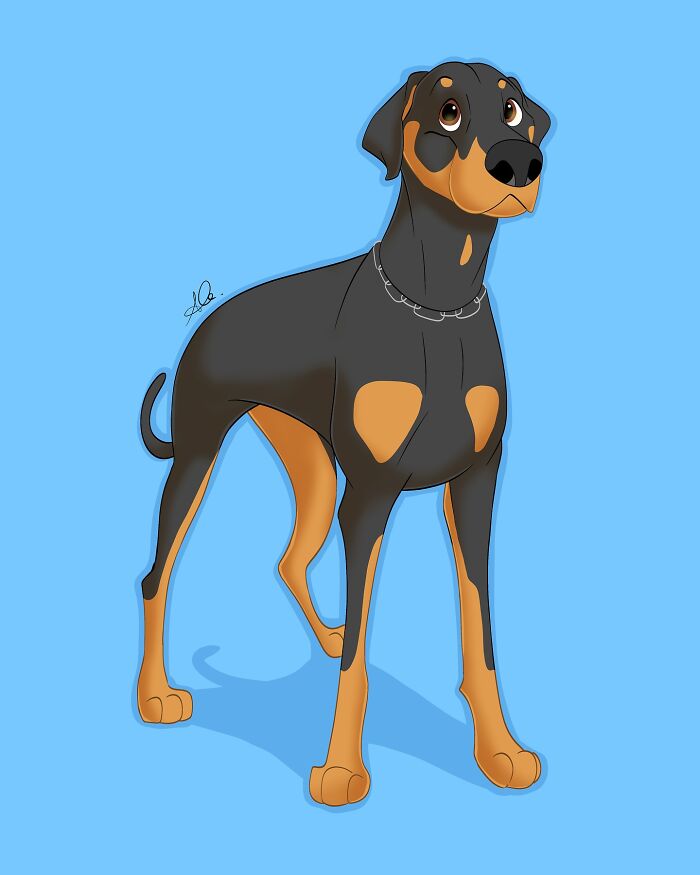 Disney-style pet portrait of a Doberman dog with expressive eyes and a blue background in adorable cartoon style.