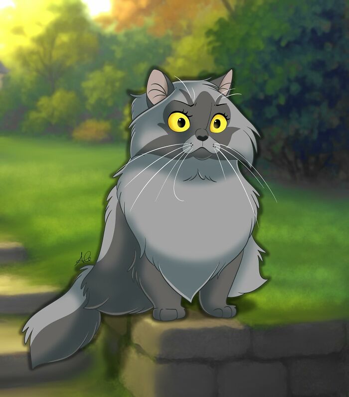 Disney-style pet portrait of a fluffy gray cat with bright yellow eyes sitting outdoors in a colorful garden setting.