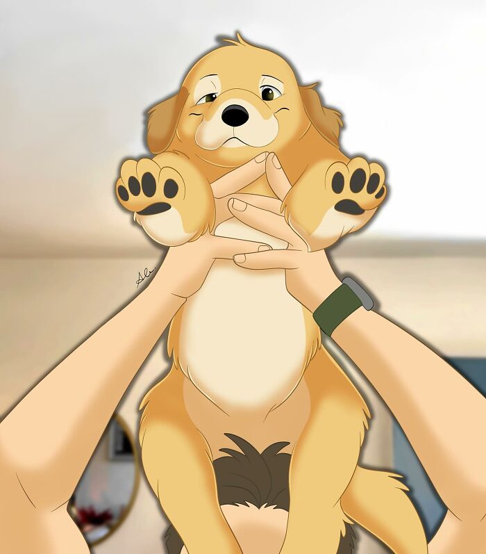 Disney-style pet portrait of a golden retriever puppy held up with paws and soft expression in an adorable illustration.
