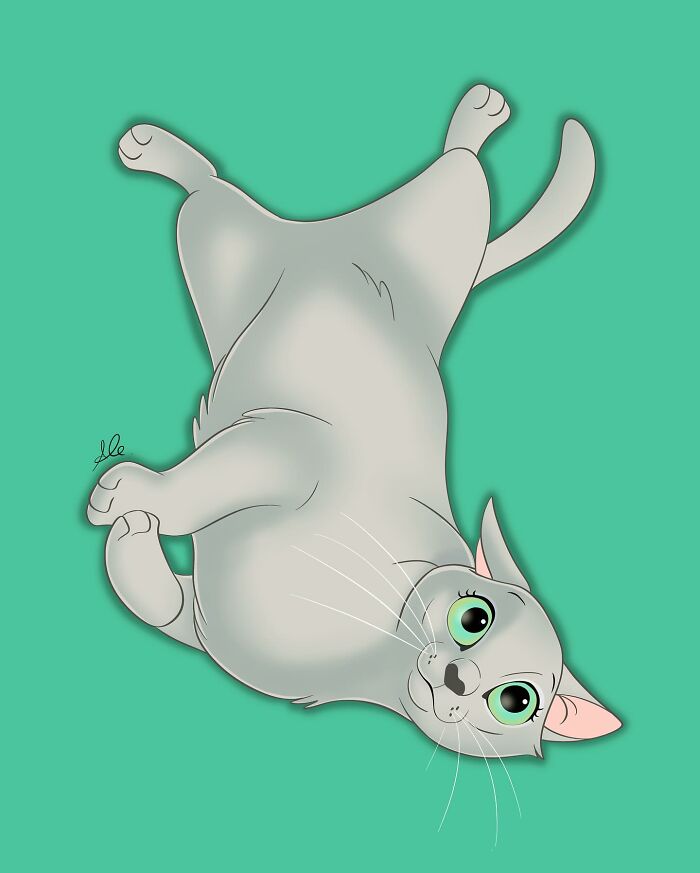 Disney-style adorable pet portrait of a gray cat with green eyes lying on a green background in a playful pose