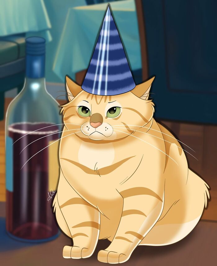Disney-style pet portrait of a chubby orange cat wearing a blue party hat sitting next to a wine bottle indoors.