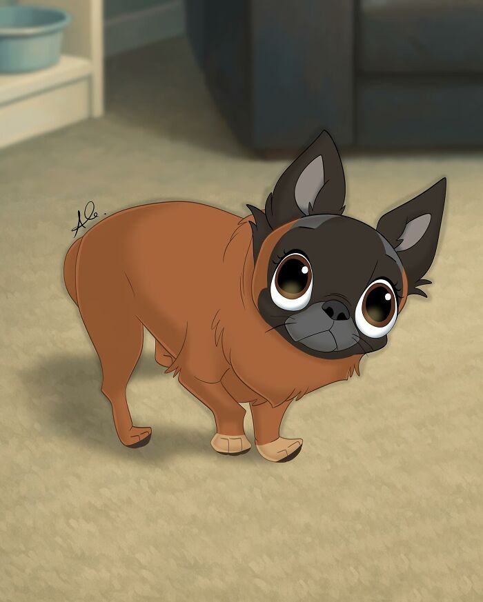 Disney-style pet portrait of a small brown dog with large expressive eyes standing on a carpeted floor indoors.