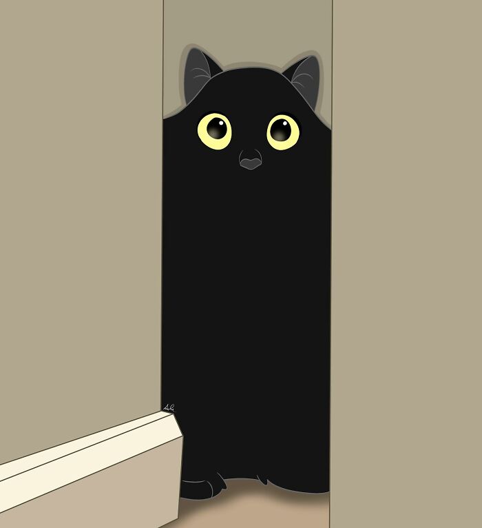 Black cat with big yellow eyes peeking from behind a wall in a cute Disney-style pet portrait illustration.