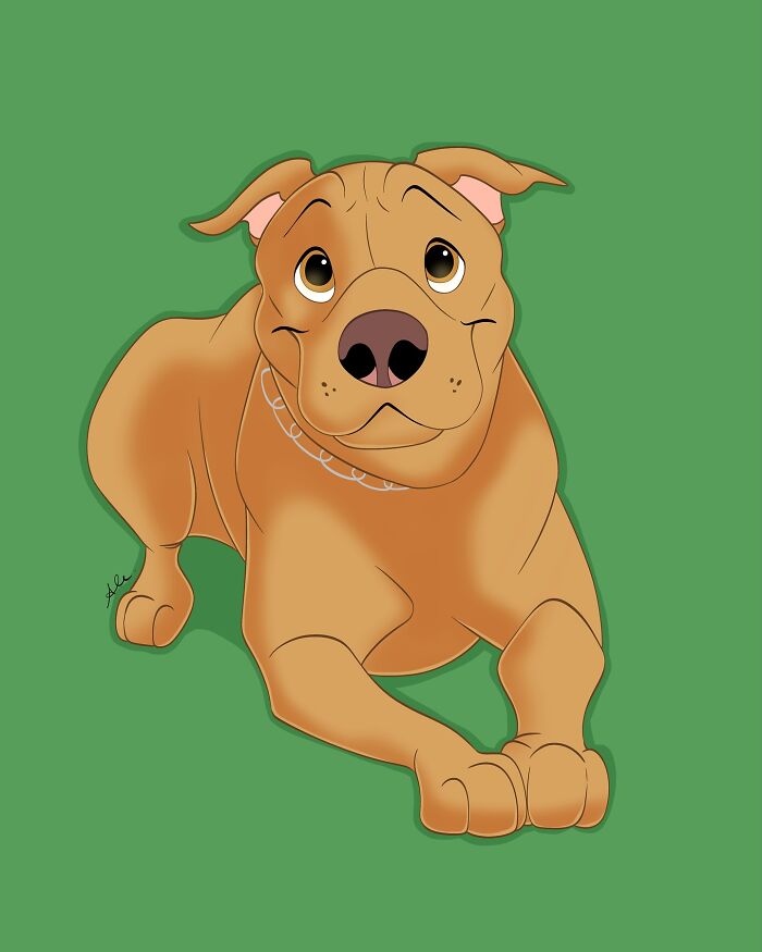 Disney-style pet portrait of a brown dog with expressive eyes lying down on a green background, adorable and heartwarming.