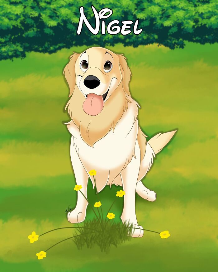 Disney-style adorable pet portrait of a happy golden retriever dog sitting on grass with yellow flowers