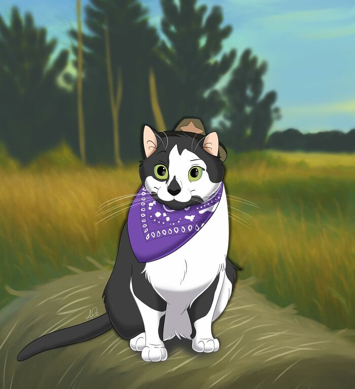 Cartoon-style Disney pet portrait of a black and white cat wearing a purple bandana in a grassy outdoor setting