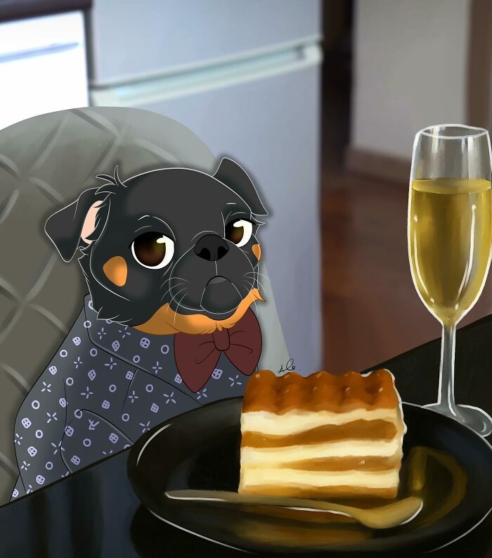 Disney-style pet portrait of a dog in a patterned shirt and bow tie sitting at a table with cake and a glass of champagne.