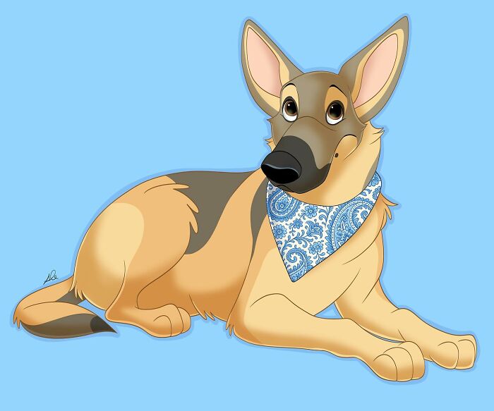 Disney-style pet portrait of a German Shepherd dog wearing a blue patterned bandana on a light blue background