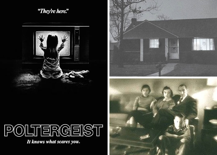 Poltergeist movie scenes with eerie house and family, representing horror films inspired by terrifying real-life events.