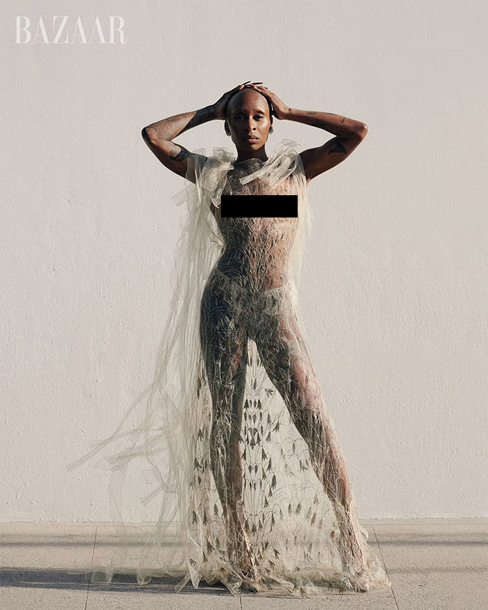 Cynthia Erivo posing in a sheer, intricate gown in a Harper's Bazaar shoot sparking grotesque reactions online.
